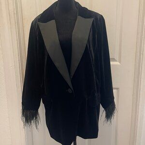 Velvet Black Blazer with Feather Cuffs-Size 18